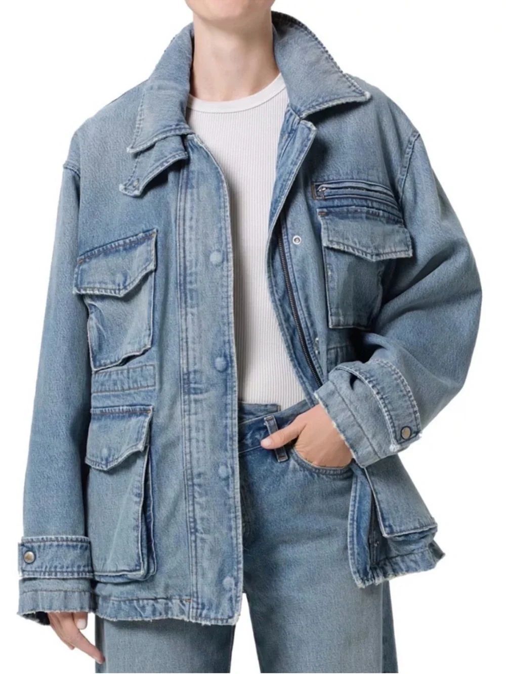 $598 NWOT Agolde “Aubrey” Utility Denim Jacket in Conclusion Sz M